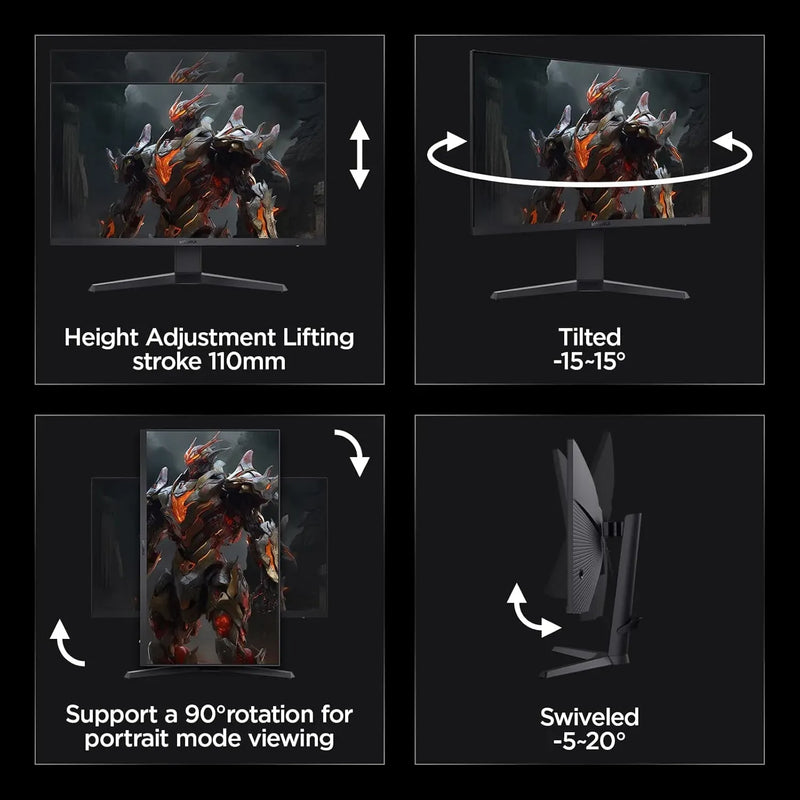 Four Koorui 27E3Q monitor showing adjustability with 90-degree rotations, -15 to +15 tilt and -5 to +15 swiveled