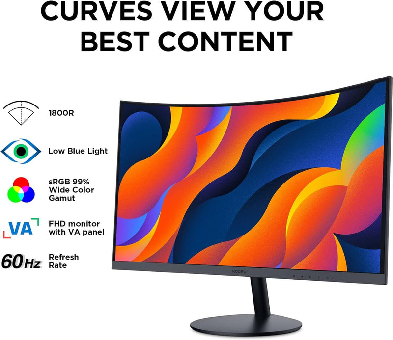 koorui curve monitor showing features like low blue light, VA panel