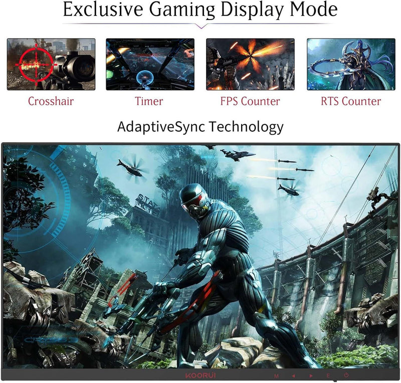 Gaming displays showing adaptive-sync technology, crosshair, timer, FPS counter and RTS counter